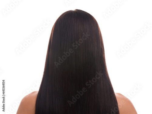 Woman with healthy hair on white background, back view