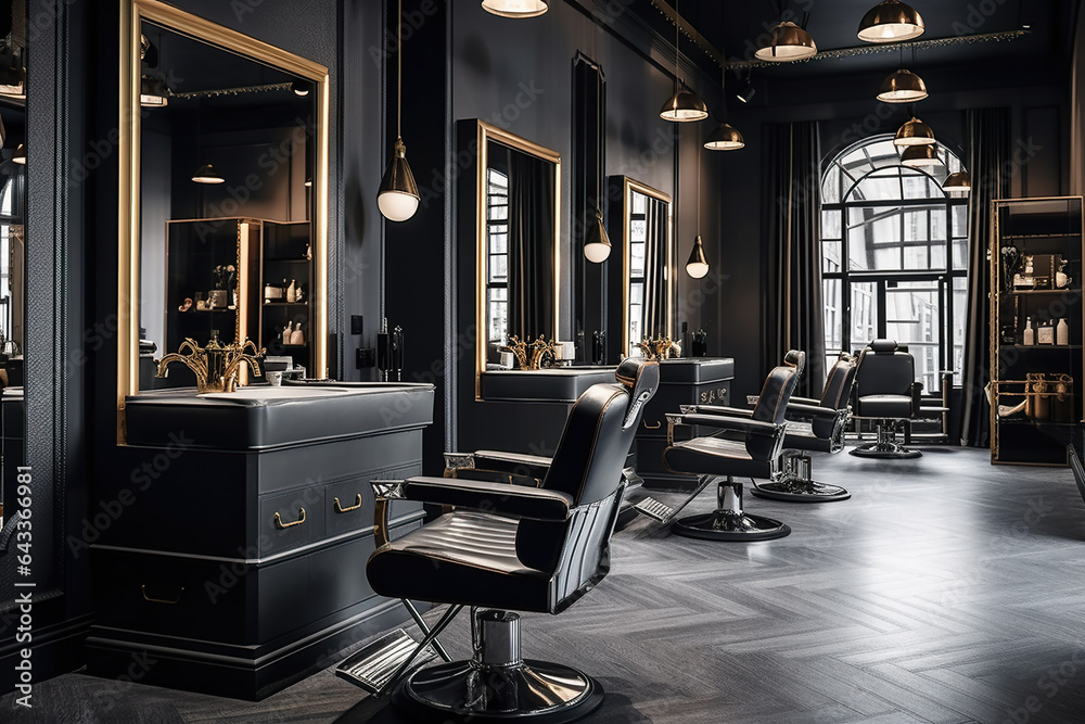 Modern hair beauty salon with dark design, luxury barbershop interior - obrazy, fototapety, plakaty 