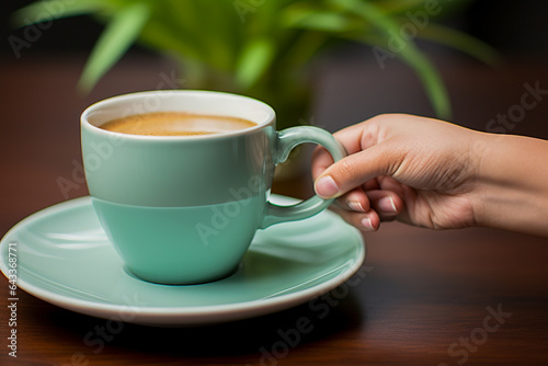 A person holding a cup of coffee on a saucer created with Generative AI technology