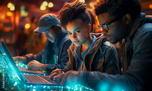 Group of teenager gaming on laptops in a dimly lit room.