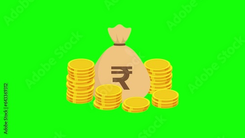 Sack full of Rupee cash money and gold coins. Money bag animation on green screen. Wealth, financial, business, savings and banking concept.