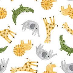 Gardinen Tiermuster scandinavian safari watercolor animals seamless pattern with orange giraffe, lion, green crocodile, grey elephant. Hand drawn kids fabric and textile design  © CandyLama