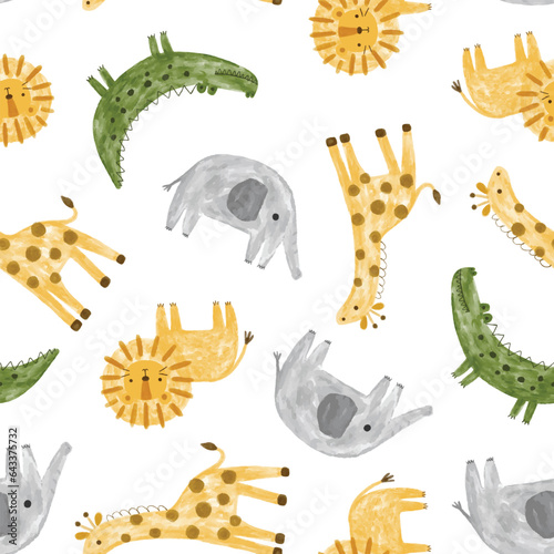 scandinavian safari watercolor animals seamless pattern with orange giraffe, lion, green crocodile, grey elephant. Hand drawn kids fabric and textile design