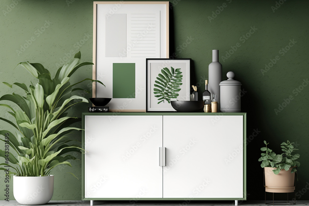 Contemporary cabinet filled with empty photo frames, ornamental plants, and other things. Concepts for lifestyle and interior design. a mockup. Generative AI Contemporary cabinet filled with empty photo frames, ornamental plants, and other things. Concepts for lifestyle and interior design. a mockup. Generative AI