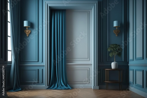 Interior wall in modern classic blue with moldings, curtains, a hidden entrance, and a wooden floor. mock-up for an illustration. Generative AI