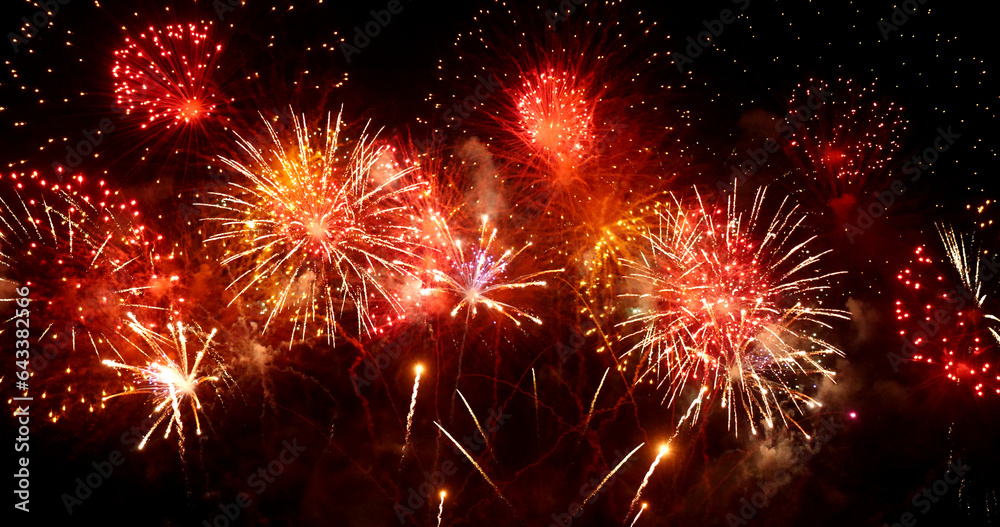 Red firework night background in dusk time celebrate national holiday. Countdown to new year 2024 festival party time event. Red Firework anniversary happy new year 2024, 4th of july holiday festival
