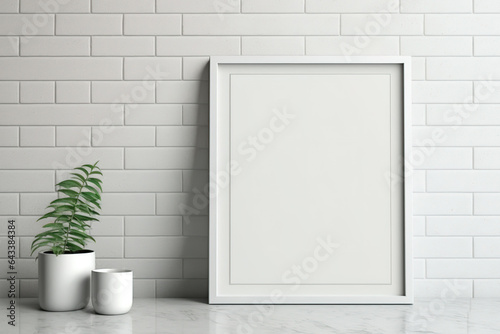 Horizontal white frame on floor with white brick wall mockup. Generative AI photo
