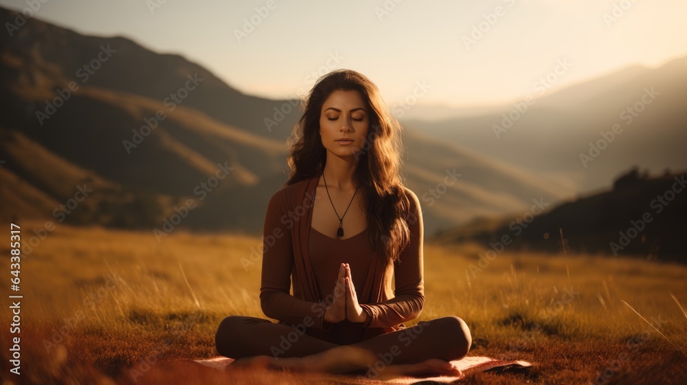 Fototapeta premium healthy woman practice yoga on her holiday travel in the morning sunrise. 
