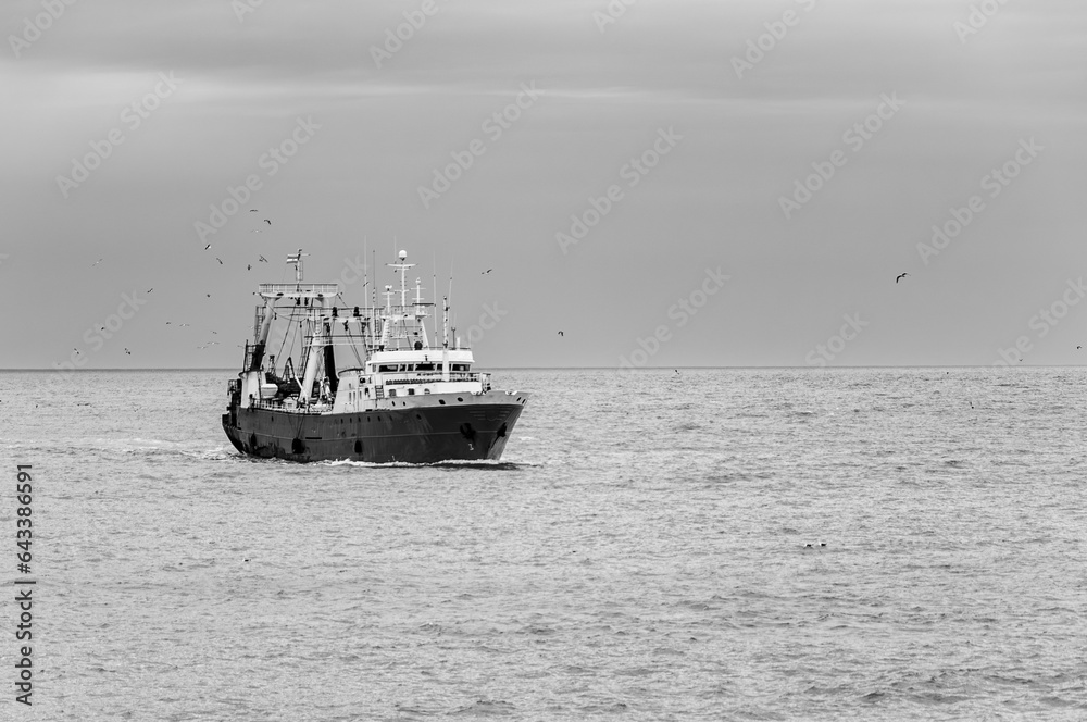 Trawler fishing vessel, hake, freezer, factory, with a carrying capacity of 1326 t DWT, sailing in the Atlantic Ocean. Trawler fishing vessel, hake, freezer, factory, with a carrying capacity of 1326 t DWT, sailing in the Atlantic Ocean.