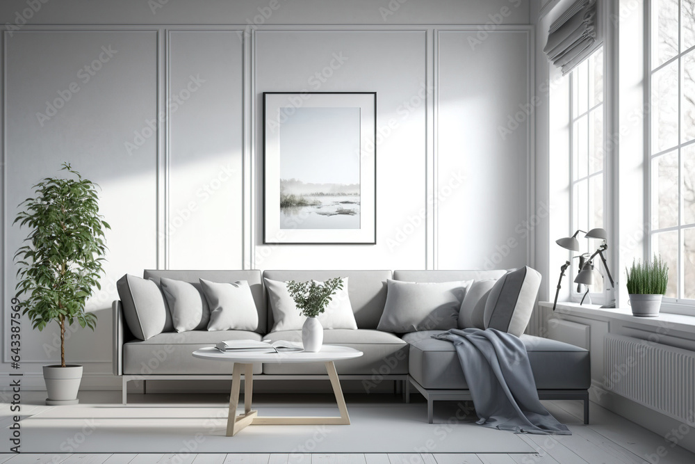 Gray-floored, white living room with a large, comfortable couch facing the wall. mockup. Generative AI Gray-floored, white living room with a large, comfortable couch facing the wall. mockup. Generative AI