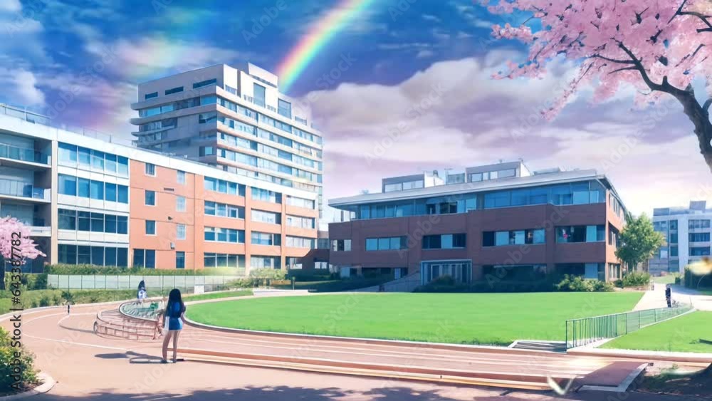 Back to School fantasy animated background with a wide view of the school yard. Virtual video Back to School in cartoon anime style