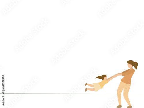 one line vector illustration about mother playing with her daughter concept, the child is spun around by the mother, simple graphic design for presentation