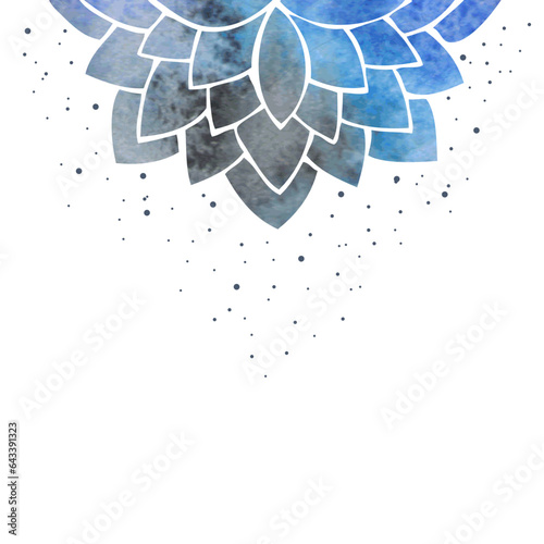 Background with silhouette of blue purple stylized lotus flower, ethnic oriental pattern mandala with watercolor texture and splatter