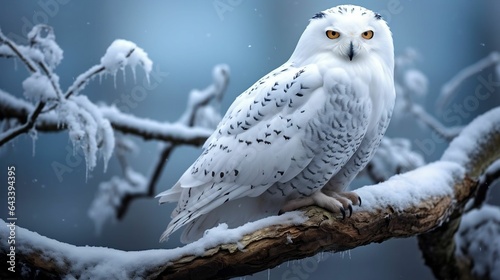 Watchful snowy owl perched on a snowy branch 