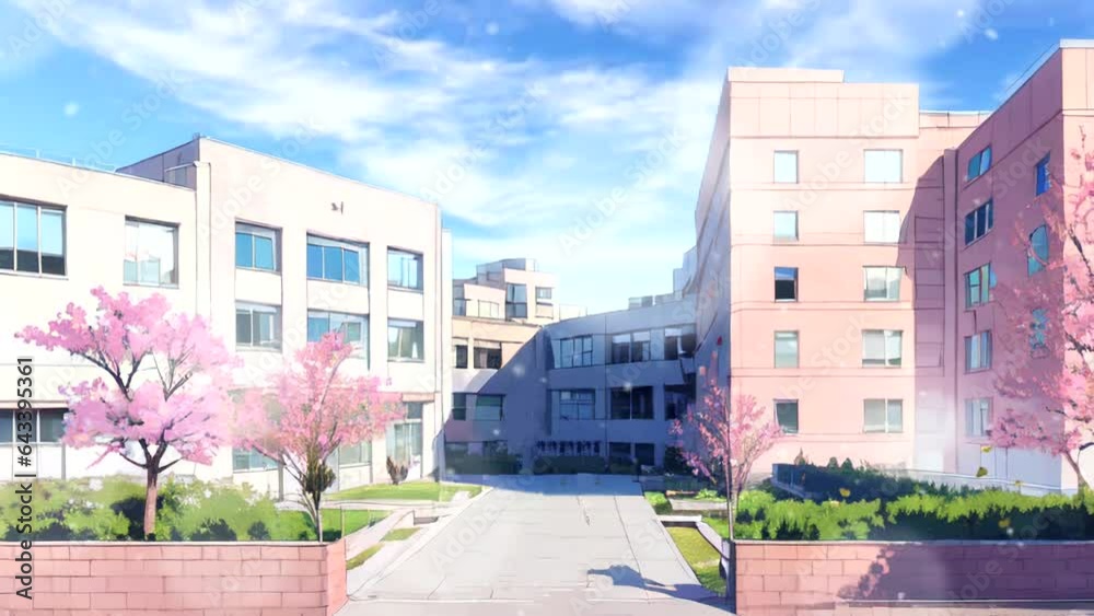 Back to School fantasy animated background with a wide view of the school yard. Virtual video Back to School in cartoon anime style