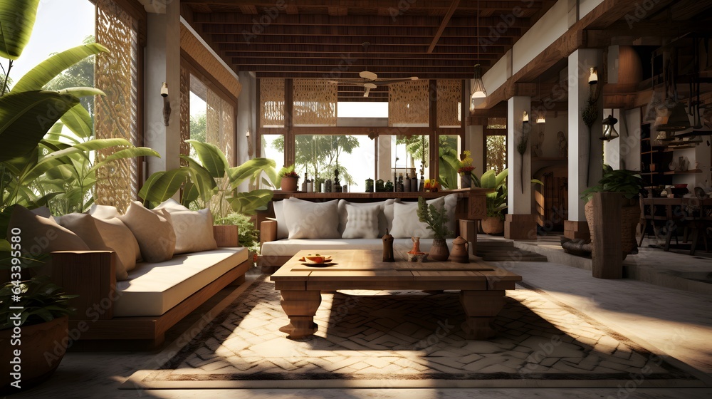 Bali style living room. The interior design of Indonesia indoor resort ...