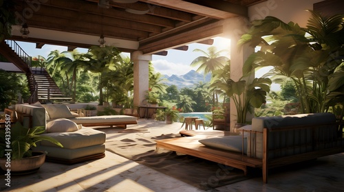 Bali style living room. The interior design of Indonesia indoor resort. Generative AI