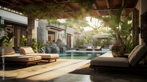 Bali style living room. The interior design of Indonesia indoor resort. Generative AI © littlekop