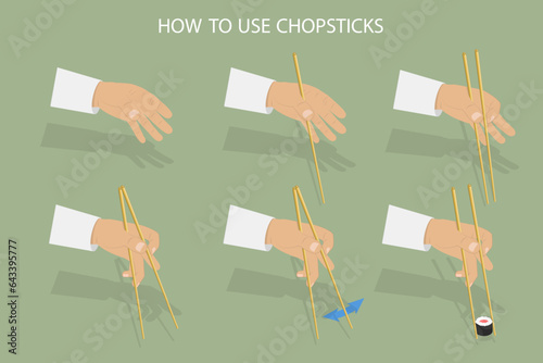 3D Isometric Flat Vector Conceptual Illustration of How To Use Chopsticks, Oriental Cuisine