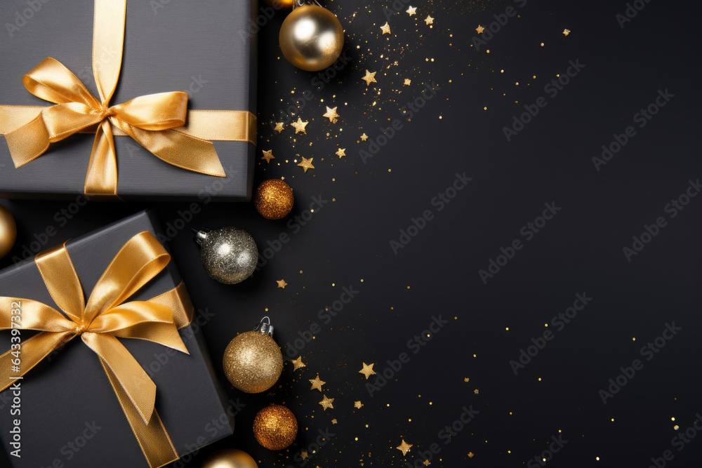 Christmas gift box black gold color background Christmas gift box black gold color background