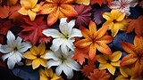 Seasons colliding: autumn leaves meet blooming flowers
