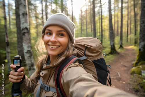 Happy traveler woman with backpack taking selfie picture in the forest, travel blogger taking self portrait with smart mobile phone device outside. generative AI