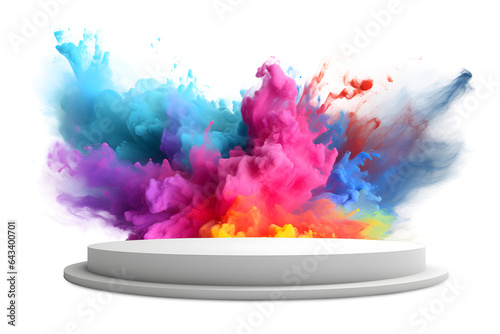 3D podium with Abstract explosion of colored powder colorful paint splashes,  Empty stage display presentation product, isolated on white and transparent background, ai generate