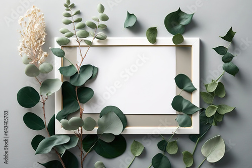 Flat lay, copy space, top view of eucalyptus leaves, and mockup of a photo frame. Generative AI