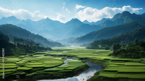 Tranquil rice terraces against the backdrop of distant mountains  