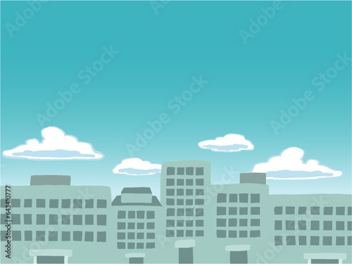 青空とビル街の手描き風背景イラスト