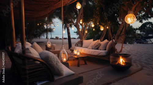 cozy Luxury resort  evening beach  candles blurred light on table  sofa  hammock on front sunset sea  tropical plan and palm