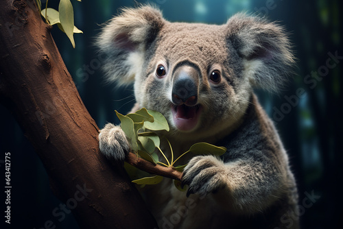 Generative AI Image of Cute Koala Animal Eating Eucalyptus Leaves on a Tree at Night