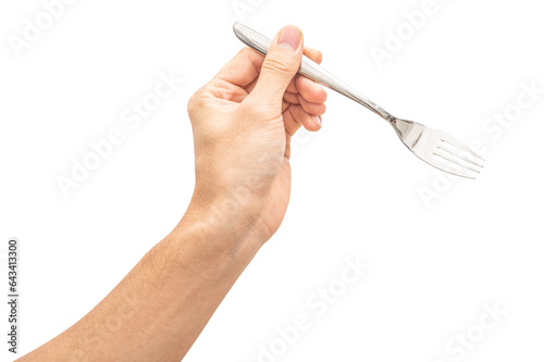 isolated of a man s hand holding a silver steel fork.