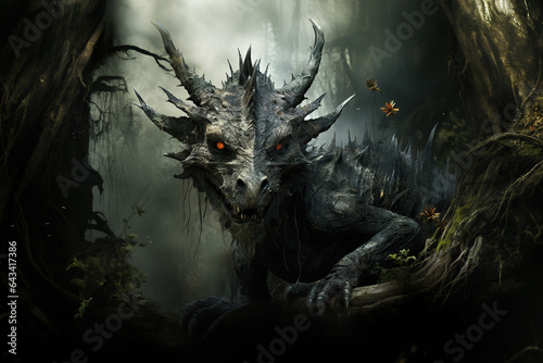 Image of a dragon in the forest with a scary atmosphere, Mythical creatures., Generative AI, Illustration.