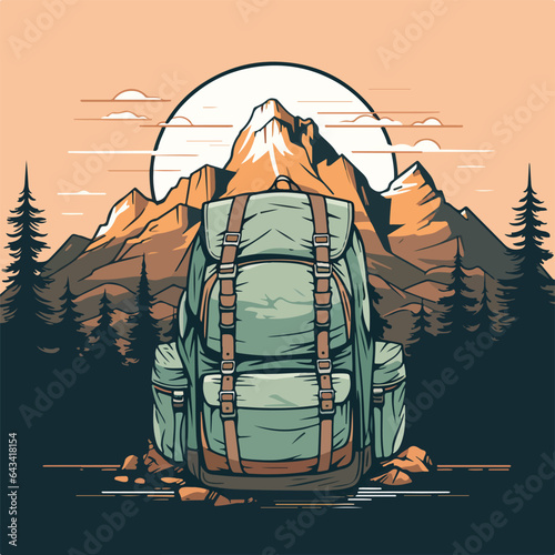 vintage retro big camping backpack in pine forest logo badge vector illustration
