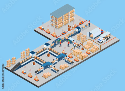 3D Isometric Logistics Warehouse Work Process Concept with Transportation operation service, Industrial Internet of Things and Autonomous Robot. Vector illustration EPS 10