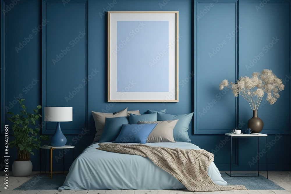 Fototapeta premium Poster frame mockup in chic blue bedroom,. Generative AI