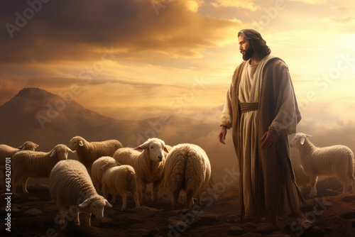 Shepherd Jesus Christ with sheep, praying to God