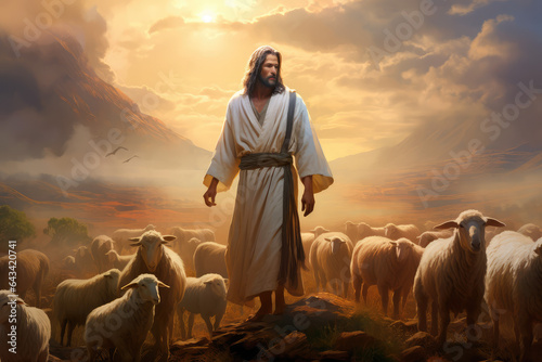 Shepherd Jesus Christ with sheep, praying to God