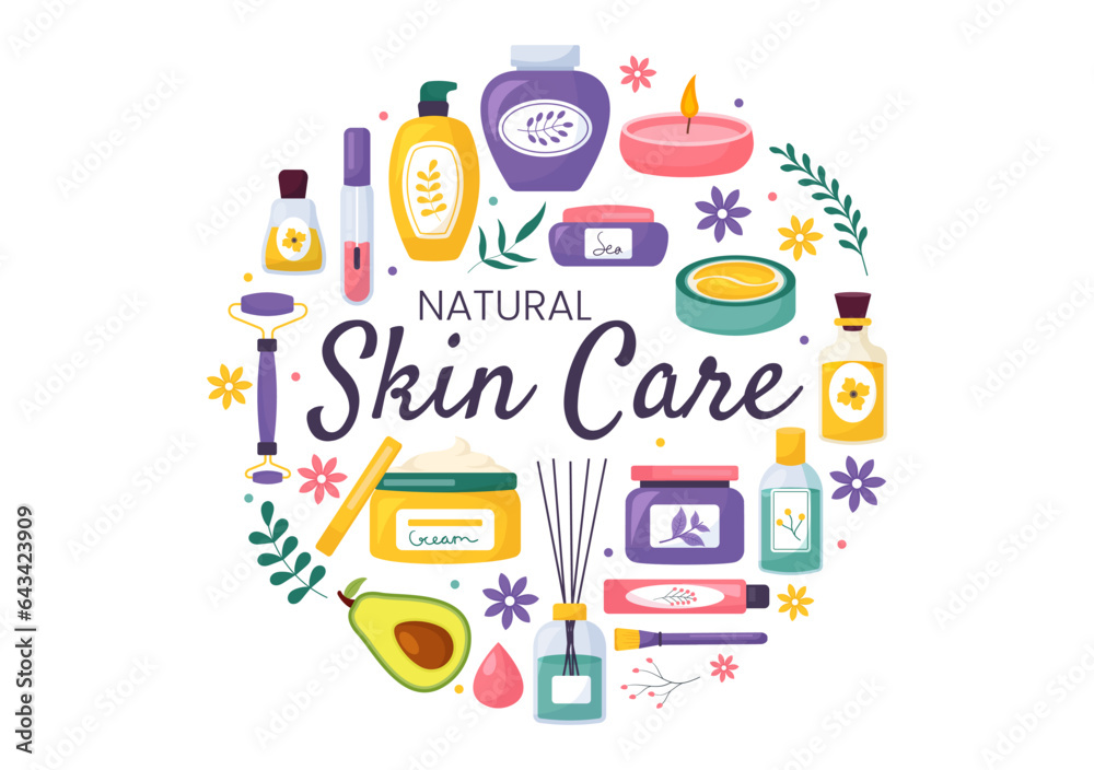 Natural Skin Care Vector Illustration of Women Applying Cosmetics Face Skincare Products with Organic Ingredients in Flat Cartoon Background Template