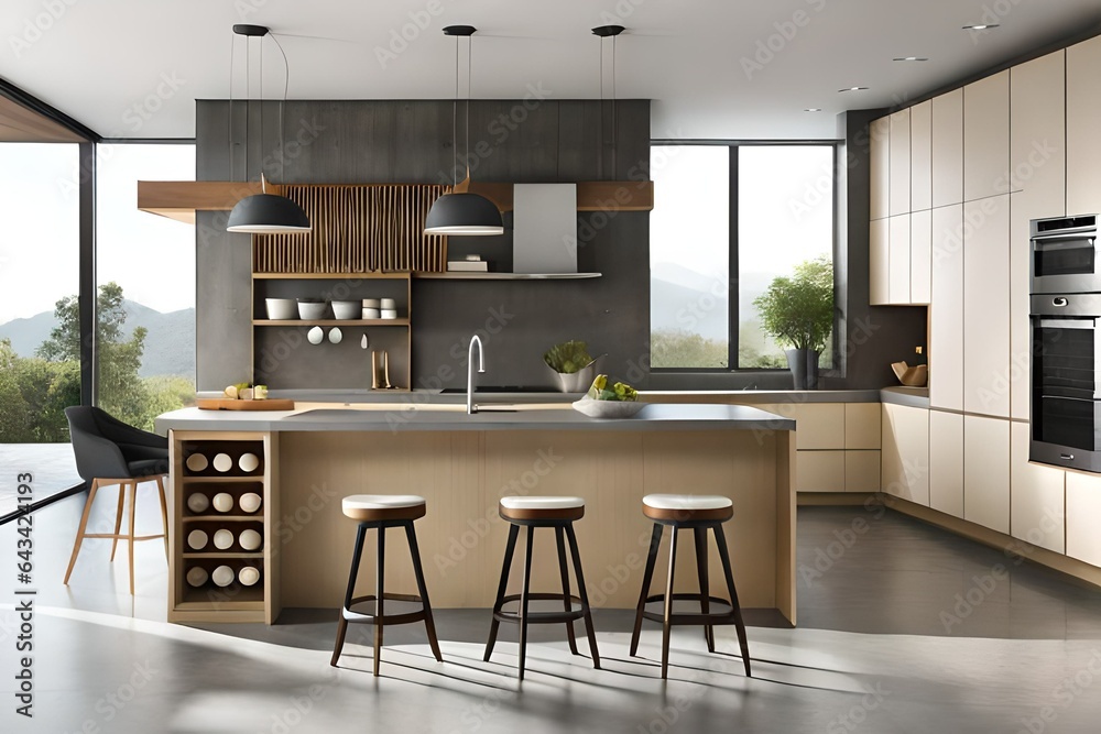 Stylish kitchen interior with bar island and stool, side view on grey concrete floor. Kitchenware and decoration, cooking area with panoramic window on tropics. 3D rendering Stylish kitchen interior with bar island and stool, side view on grey concrete floor. Kitchenware and decoration, cooking area with panoramic window on tropics. 3D rendering