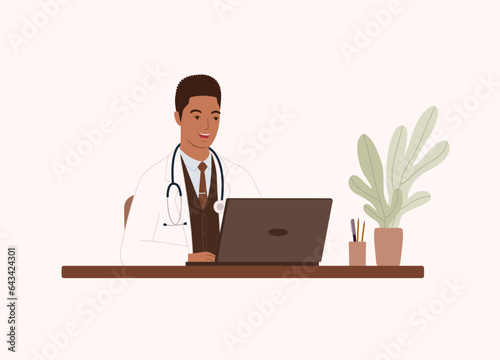 One Smiling Black Male Doctor Working On Laptop. Half Length.