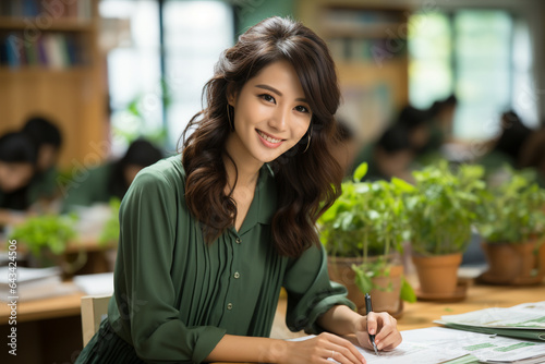 Asian female teacher writing in classroom