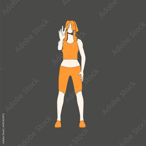 Standing woman. Sport girl illustration. Casual sportwear - t-shirt, breeches and sneakers. Young woman wearing workout clothes. Sport fashion girl outline in urban casual style. Gesture of winner
