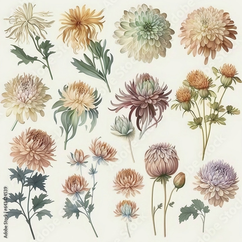  A Collection of Chrysanthemum Flowers Loose Watercolor Illustration