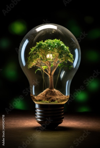 A tree growing inside a light bulb, symbolizing the convergence of nature and technology in a sustainable future