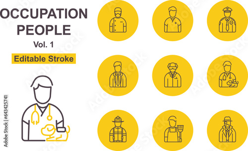 Various Types Of Occupation People Thin Line Art Icon Set. Editable Stroke. Icon Includes Such As: Veterinarian, Dentist, Scientist, Fireman, Janitor.