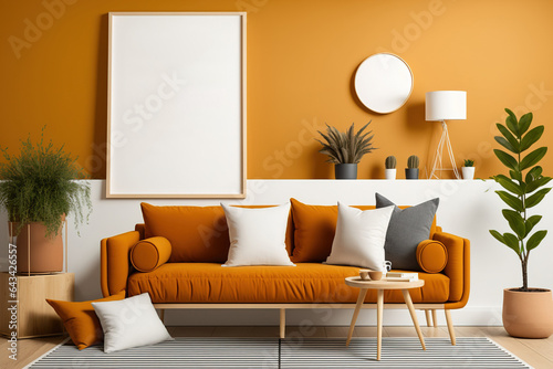 Mockup in a wooden, orange-hued Nordic living room with parquet, a window, a sofa with pillows, a carpet, a rattan table, and various potted plants and accessories. Scandinavian design,. Generative AI