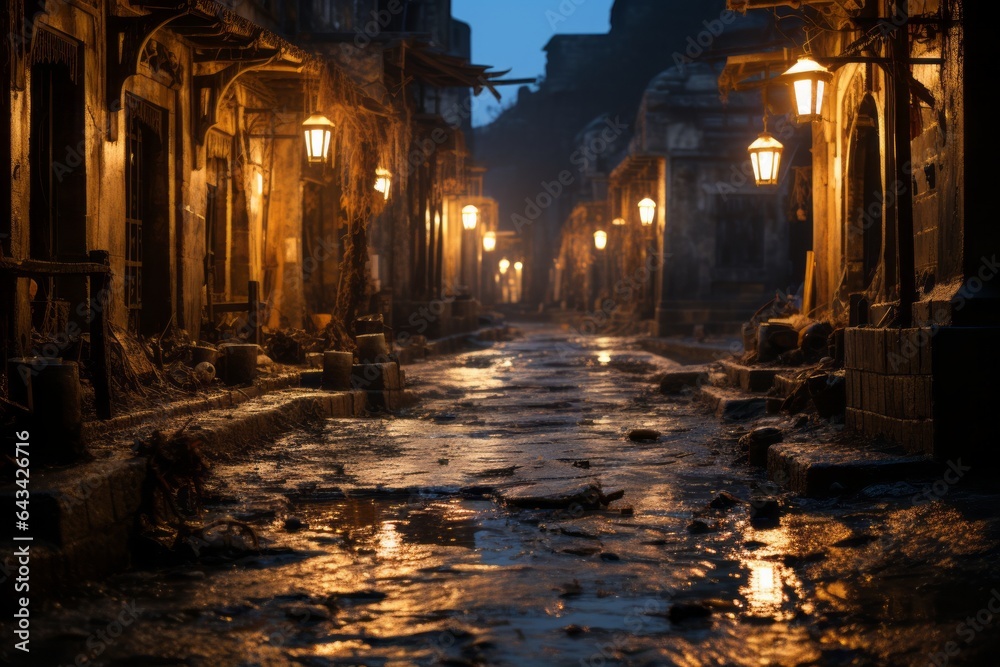 Spooky Alleyway In An Old Town With Wet Roads, Generative AI
