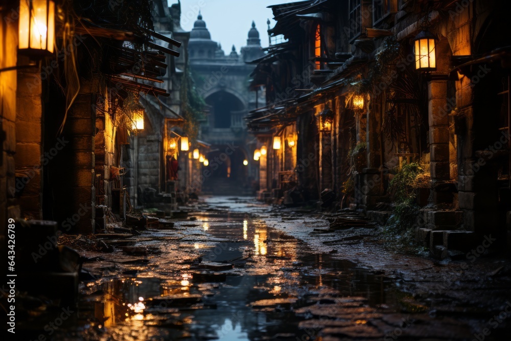 Spooky Alleyway In An Old Town With Wet Roads, Generative AI